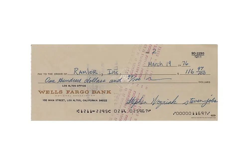 A 1976 Apple Check Signed by Steve Jobs and Steve Wozniak Is On The Auction Block